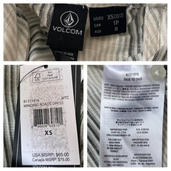 VOLCOM Winding Roads Midi Dress Striped Cold Shoulder Button Front Strappy XS - Picture 7 of 7